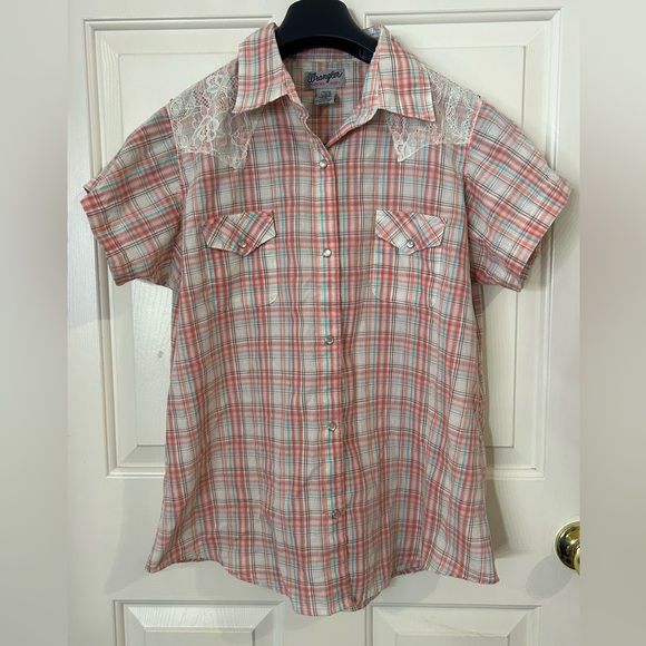 Wrangler Tops - Wrangler Women’s Rancher Shirt Pink Plaid Lace Accents Pearl Snap Large